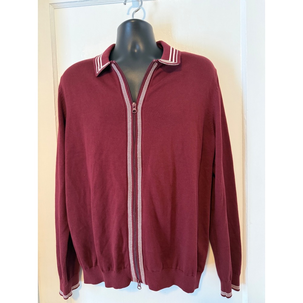 Paul Fredrick Full Zip Sweater Mens L Burgundy NEW Striped Collar WHV010L